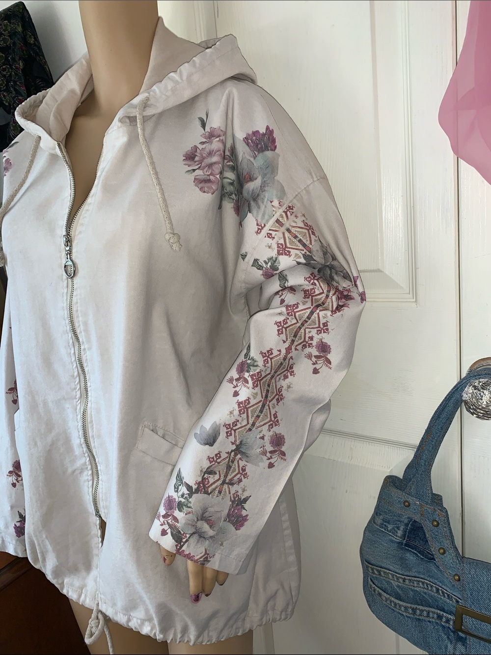 Vtg 90s Italian hooded floral cotton light jacket L - Picture 4 of 11
